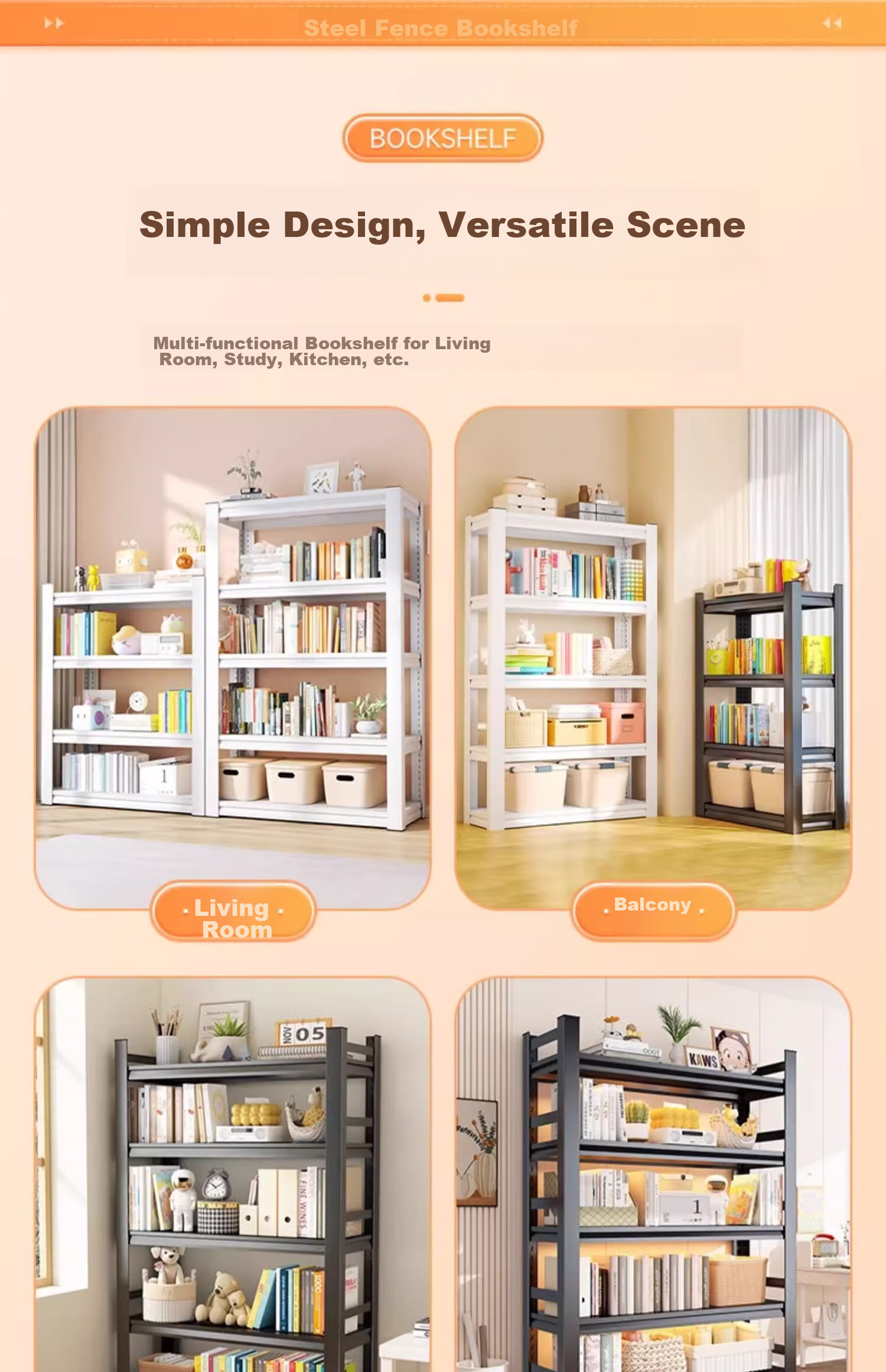 Moxiao Steel Bookshelf, Multi-Tier Floor-Standing Bookcase for Home, Student Living Room Storage, Book Rack, White, 60*30*160 15