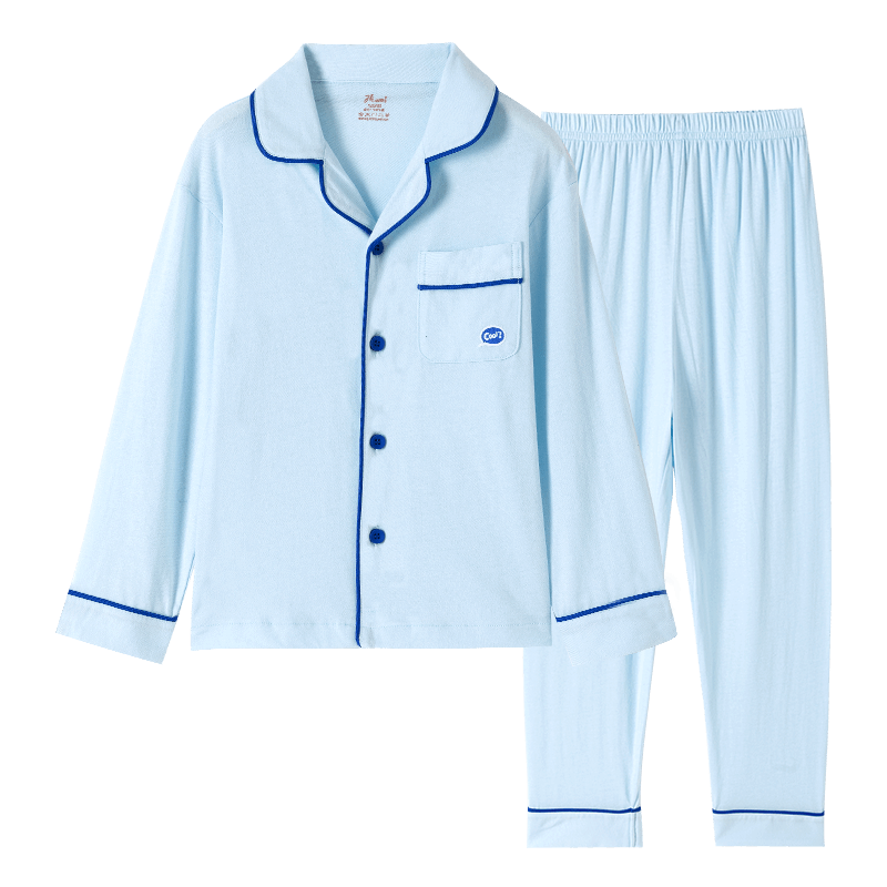 Dingguagua Children's Pajama Set, Spring And Summer Pure Cotton Long Sleeve, for Older Boys, Home Wear, Button-Up, Blue, Size 170