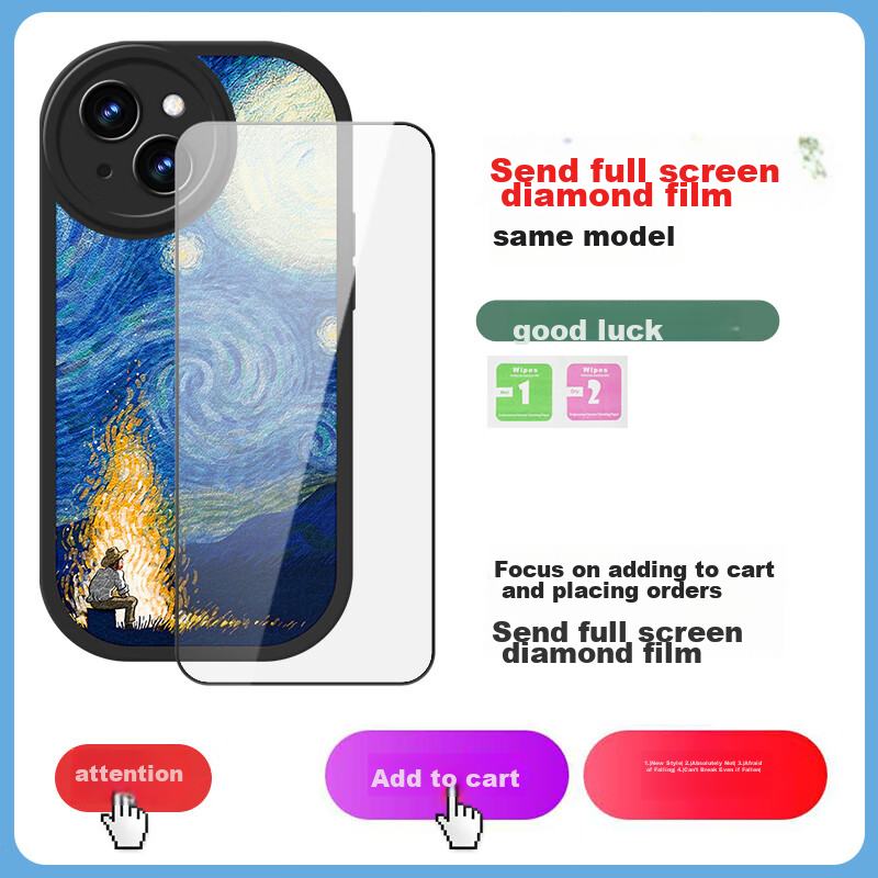 Bashidai Vintage Oil Painting Silicone Soft Case for iPhone 15, Full Coverage Lens Protection, Lambskin Texture, Unisex Black Bonfire Starry Sky