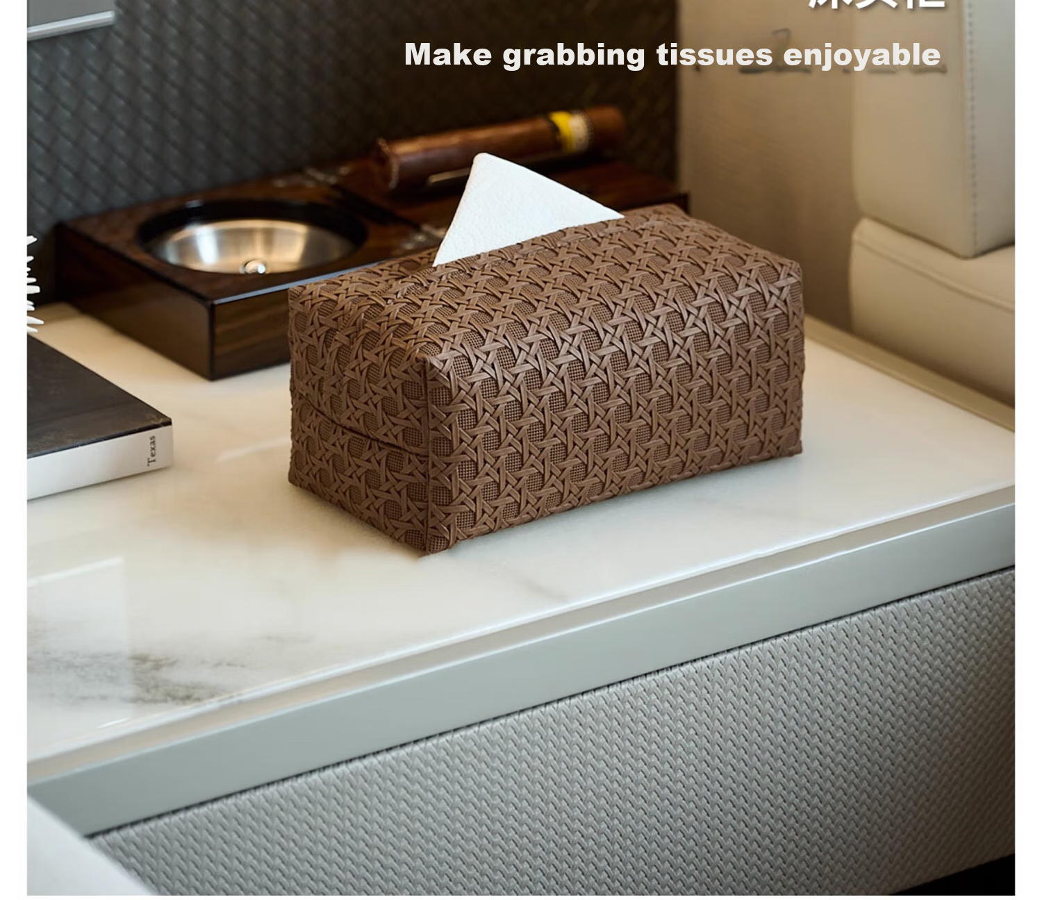 Fanyejia Tissue Box with Rattan Pattern, Luxury Leather Tissue Holder, Storage Box for Living Room, Bedroom, And Dining Table 6