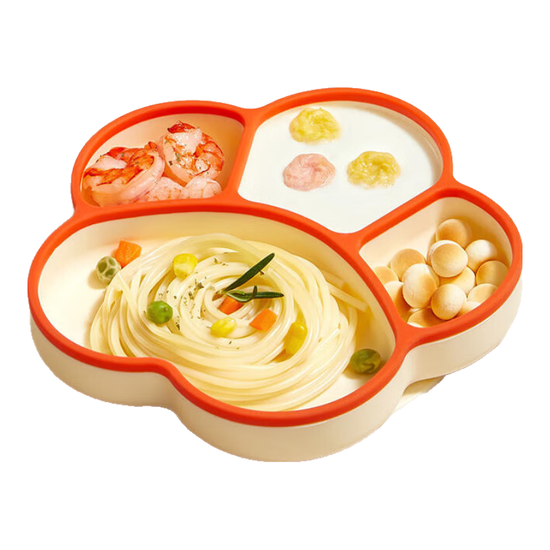 COOKSS Baby Plate, Silicone Feeding Dividers, Children's Tableware, Complementary Food Bowl, Plate with Suction Cup, Double Orange Desig