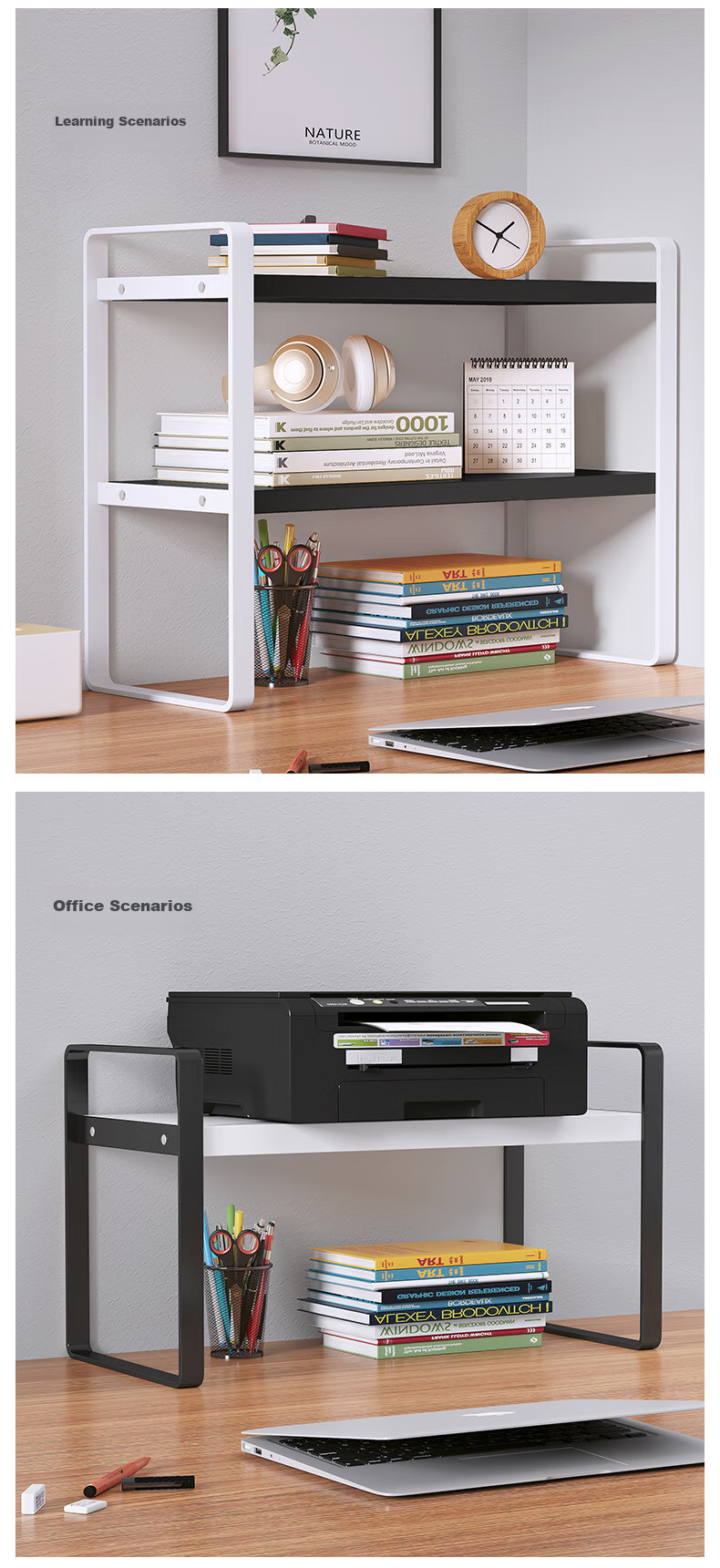 Anerya Desktop Bookshelf, Multi-Layer Iron Art Storage Rack for Books, Double-Layer Nordic Maple Wood - White Frame 40cm Long 18