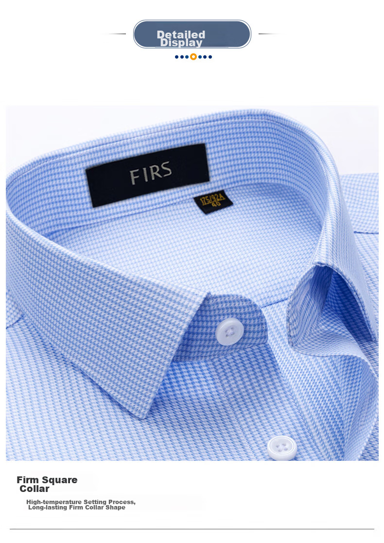 FIRS [200 Thread Count DP Wrinkle-Free] Men's Long Sleeve Shirt, Pure Cotton High-End Business Houndstooth Shirt, Blue, Size 38 16