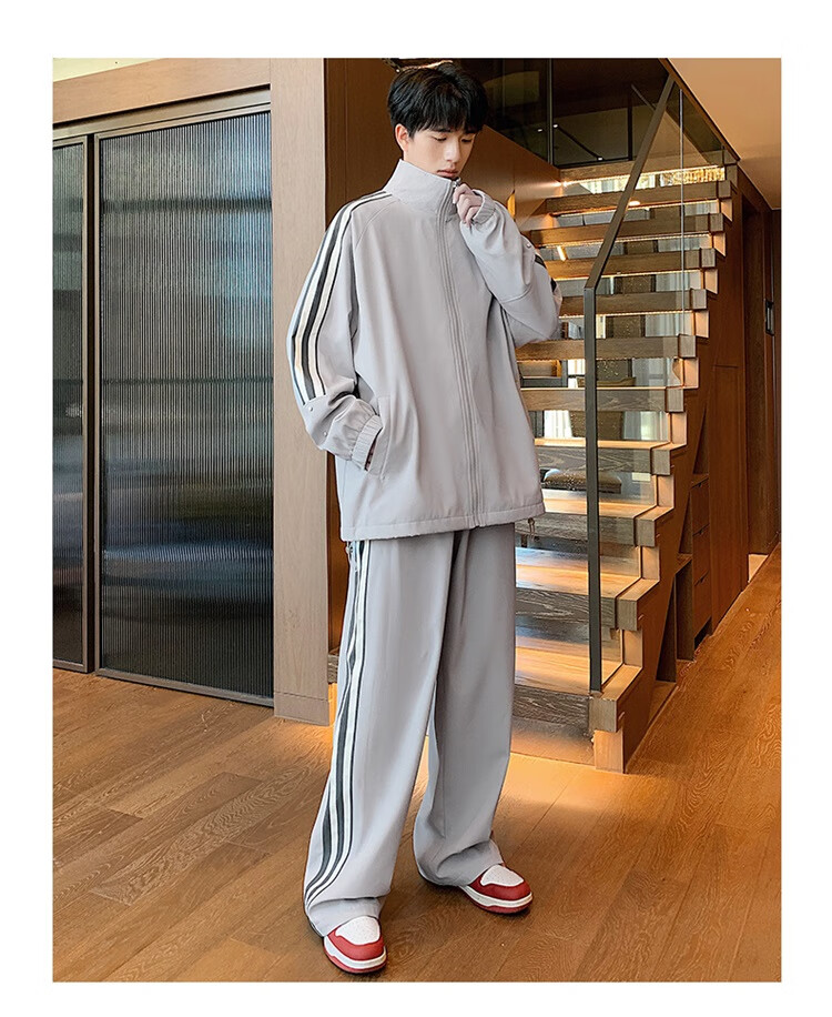 Dingfengbaoluo Men's Autumn Winter Sports Casual Set Trendy Stand Collar Zip-up Jacket Loose Fit Outfit K02 Starry Gray L 5
