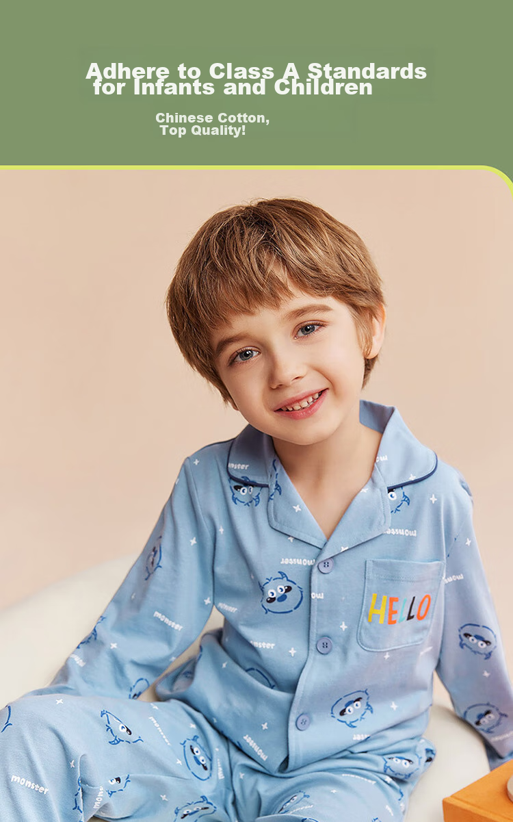 Dingguagua Children's Pajama Set, Spring And Summer Pure Cotton, for Older Boys, Home Wear with Open Front, Light Blue, Size 120 1