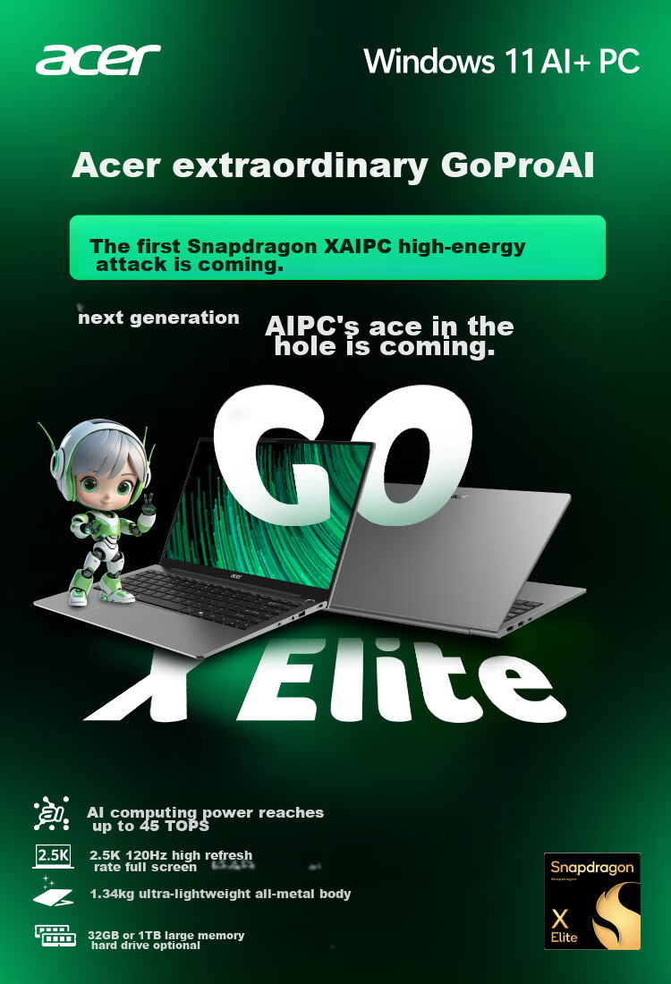Acer Extraordinary Go Pro AI Dragon Crab Machine, Thin And Light Laptop, 14-Inch Qualcomm Notebook for Students And Office Use (Snapdragon XElite, 32GB RAM, 1TB Storage, 2.5K 120Hz Display) 1