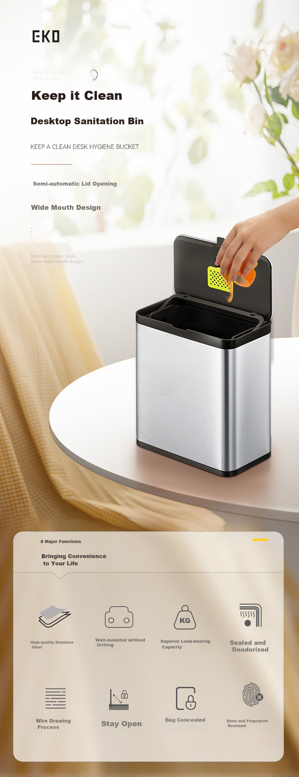 EKO Wall-Mounted Trash Can, 7L Cream White, Household with Lid, Stainless Steel, for Kitchen And Bathroom, Large Size, Recommended by Zhang Ruoyun, Model 9008 1
