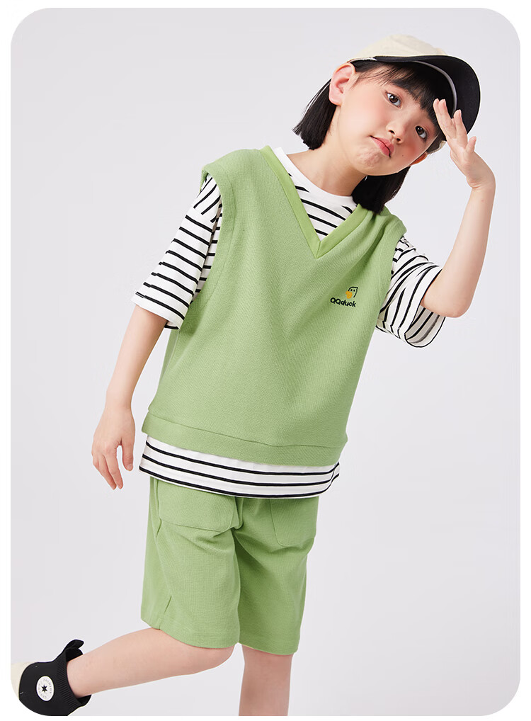 QQ DUCK Girls' Summer Outfit Set, Children's Sports Short-Sleeve Shorts, Youth Clothing, Waffle Texture, Green; Size 120 13