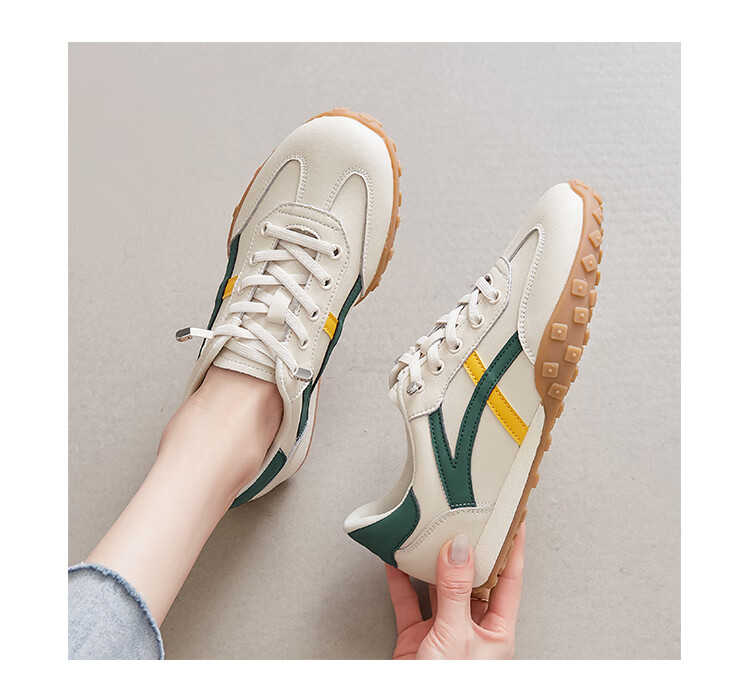 ZHR Casual Shoes for Women, Trendy Comfortable Lightweight Women's Shoes, Genuine Leather Color-Block Soft-Soled Sneakers for Women A113 Beige-Green Size 37 16