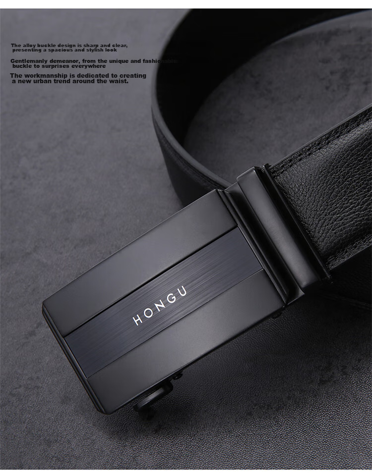 HONGU Men's Belt with Automatic Buckle, Top-Grain Leather Waistband, Gift Box Packaging, 120cm, Birthday Present 3