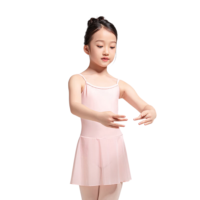 Sansha Children's Spaghetti Strap Dance Leotard for Girls, Ballet Practice Dress, One-Piece with Skirt, Training Outfit, Light Pink, XL
