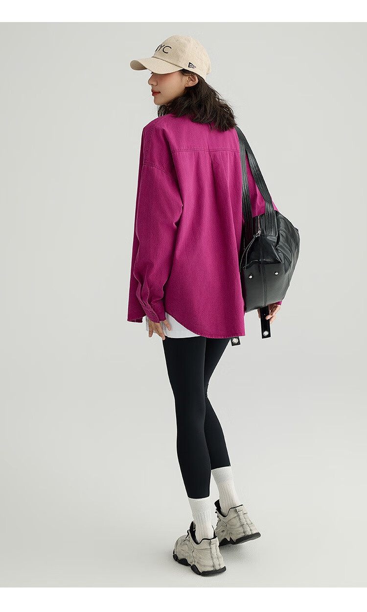 Dme Vintage Washed Spring Elegant Magenta Loose Fit Turndown Collar Long Sleeve Blouse for Women, Purple-Red, Size M 15