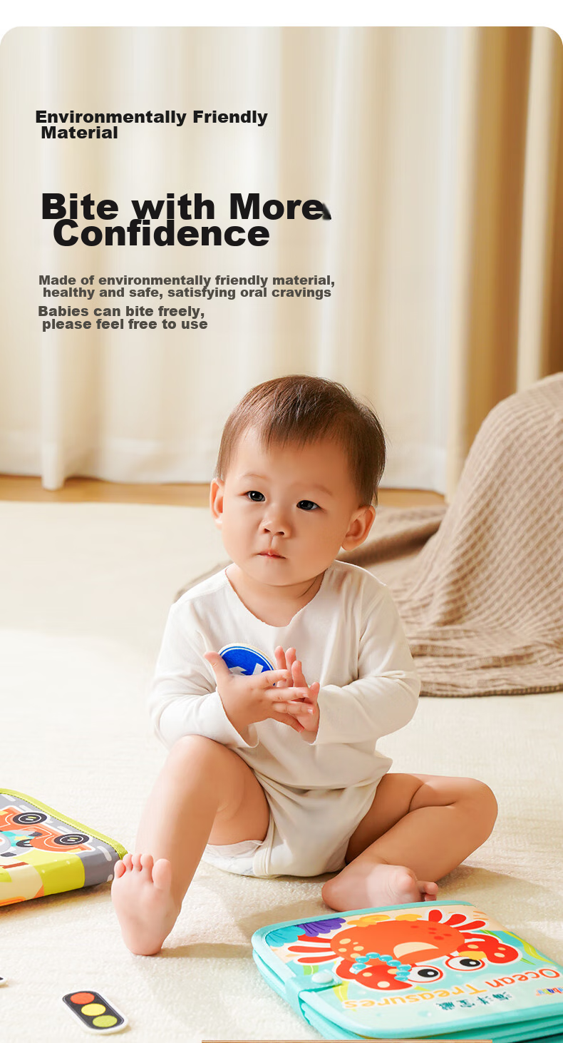 Jollybaby Tear-Resistant Book, Baby-Safe Chewable Cloth Book with Velcro, Early Education Children's Gift, Ocean Treasure 7