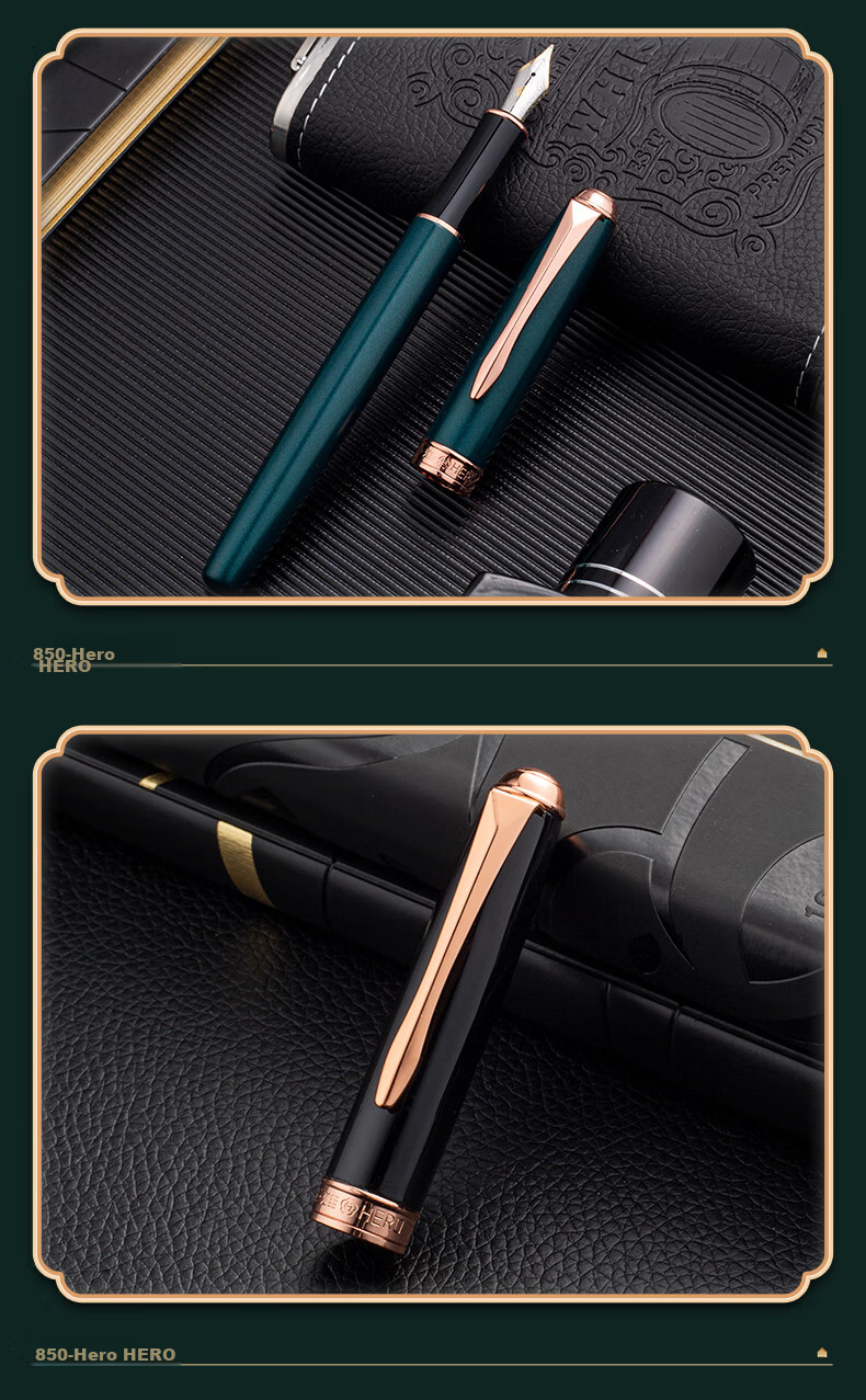 HERO Fountain Pen Stationery, Stylish for Men And Women Students, Iridium Gold Fountain Pen, Business Office Personal Ink Pen 850, Black 10