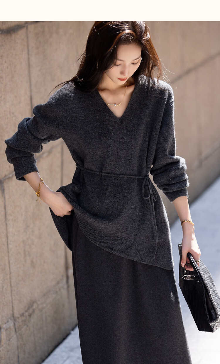 Dme French Ladylike V-Neck Adjustable Elastic Waist Knit Sweater Women's Top, Dark Gray, S 9
