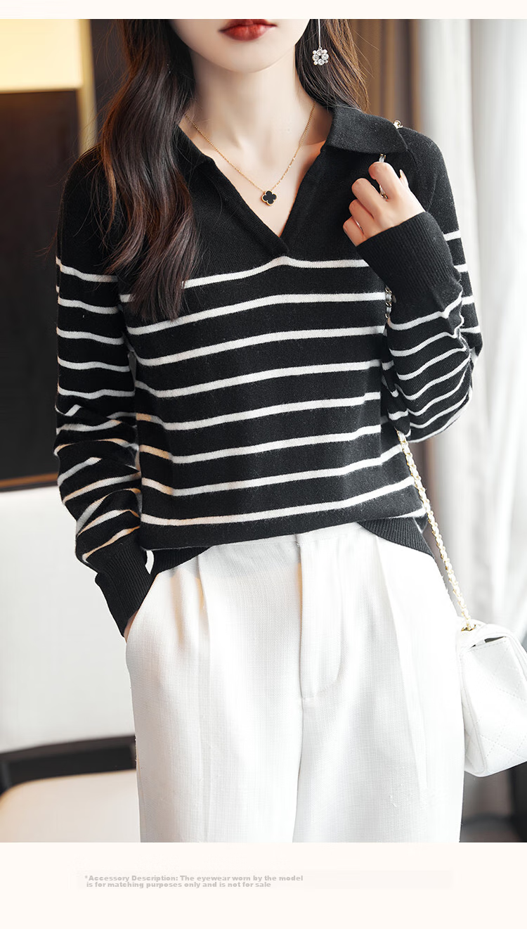 Dme Wool V-Neck Striped Sweater, Elegant And Relaxed Women's Wool Sweater, Black, L 17