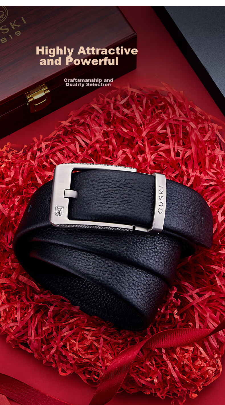 GUSKI Brand Men's Leather Belt with Pin Buckle, Gift Box, Casual Trouser Belt, Birthday Gift for Boyfriend Or Husband 2