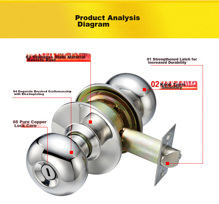 Fly.Globe Spherical Lock, Indoor Bedroom Door Lock, 304 Stainless Steel Ball Lock, with Double Latch 8