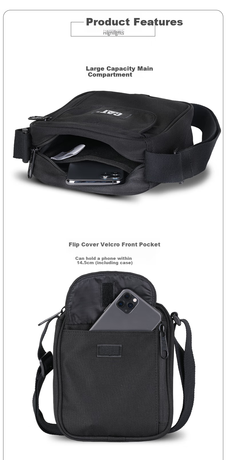 CAT Crossbody Bag, Shoulder Bag, Phone Pouch, Mini Commuter Sports Light Outdoor Multi-Pocket Gift for Men And Women, Black, 84556 2
