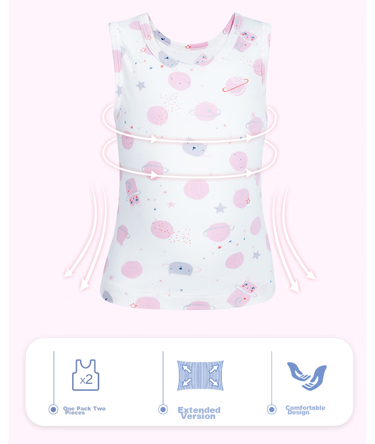 Aimer Kids Underwear Vest Undershirt for Girls, Baby Floral Print Vest 2-Pack, Meow Planet White + Pink, Size 90 3