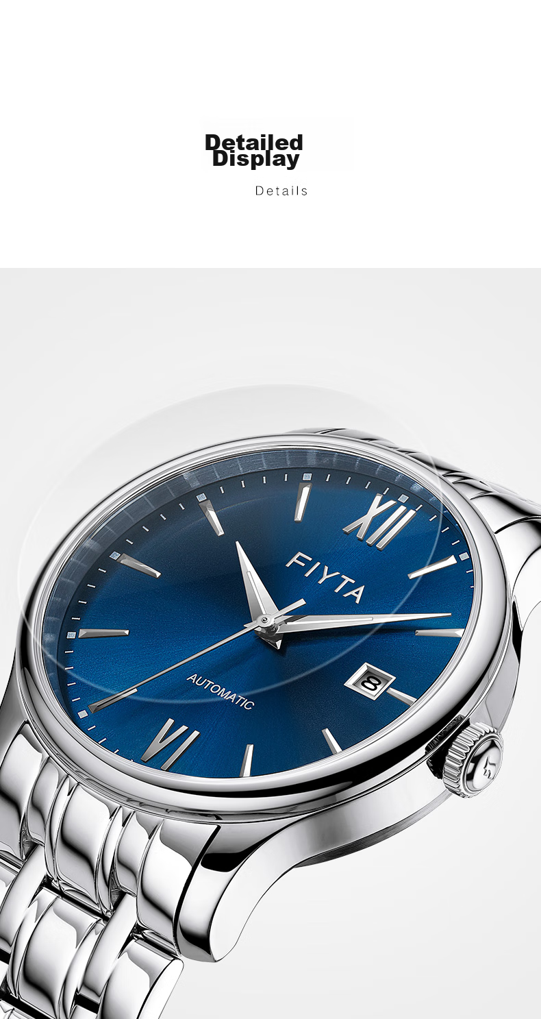 FIYTA Men's Watch, Classic Automatic Mechanical with Date Display And Blue Dial, Steel Strap Business Watch, Holiday Gift 12