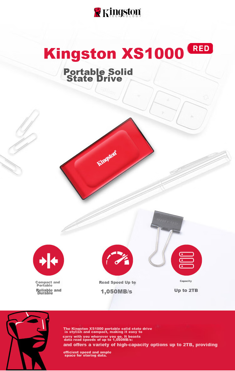 Kingston 2TB USB3.2 Gen 2 Portable Solid State Drive (PSSD) XS1000, Transfer Speed 1050MB/s, Lightweight And Stylish, External for Computer, Direct Connection to Phone, Red 1