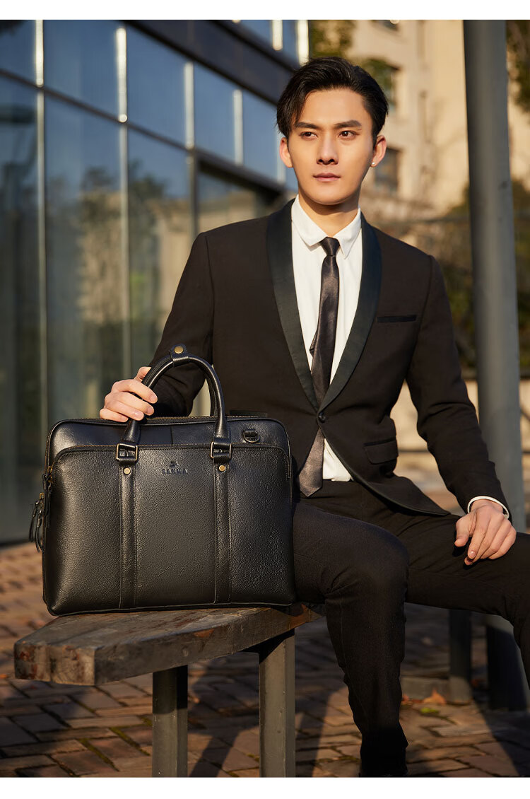 SANWA Imported Genuine Leather Briefcase Handbag for Men, Top-Grain Cowhide 14-Inch Business Laptop Bag, Shoulder Crossbody Bag 14