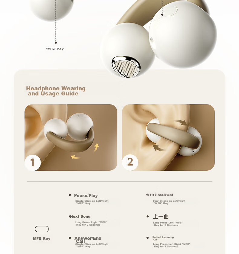 IKF PetClip True Wireless Bluetooth Headphones, Open-Ear Clip-On Bone Conduction Wireless Earphones, HiFi Sound Quality, Long Battery Life, Suitable for Sports And Students, Compatible with Phones, Khaki 27