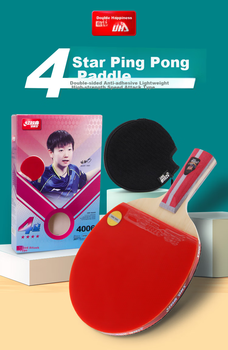 DHS Table Tennis Racket, 4-Star Straight Handle, Single Racket, Kuangbiao 3 Double-Sided Reverse Rubber Fast Attack Type H4006, Includes Table Tennis Balls 2