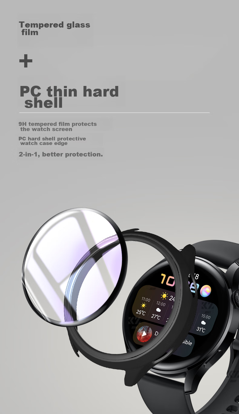 KMaxAI Protective Case with Tempered Glass for Huawei Watch 3, Full Dial Protection Cover, Shockproof Hard Shell, Smartwatch Accessory for Huawei Men's And Women's Watches, Black 3