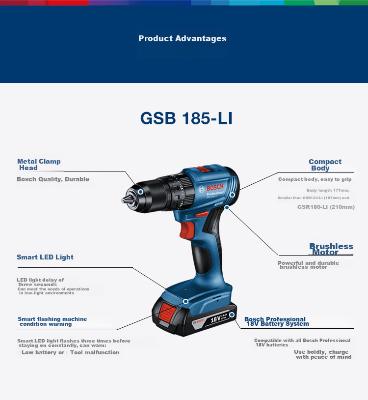 BOSCH Electric Drill, Impact Drill, Power Screwdriver, Wall Drilling, Brushless Lithium Battery GSB185 18V Single Battery Xiaohaxia Set 15