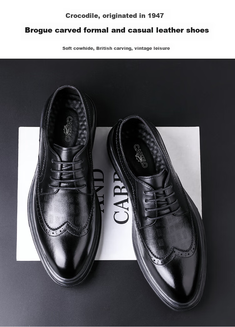 CARTELO Brogue Men's Shoes, British Low-Top Lace-Up Leather Shoes, Soft Cowhide Breathable Business Shoes 9342, Black, Size 38 1