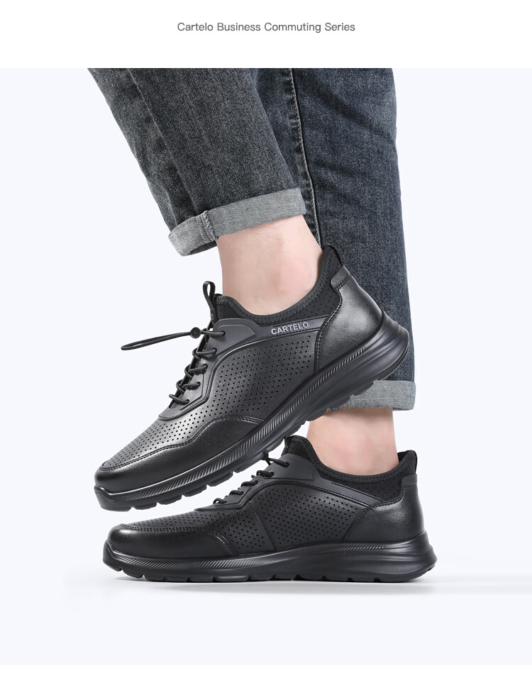 CARTELO Genuine Leather Men's Shoes, Business Casual Sports New Style for Autumn And Winter, Soft Thick-Soled Versatile Commuter Work High-End Black 11