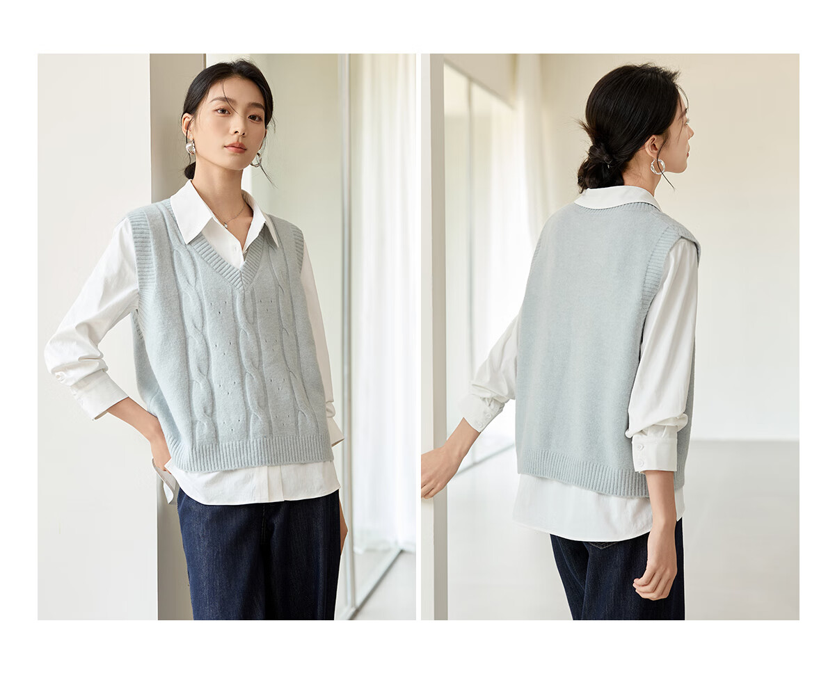 Chushen Spring And Autumn Knitted Vest for Women, Fashionable V-Neck Layered Knit Sweater Vest S51Z007 Light Gray Blue M 13