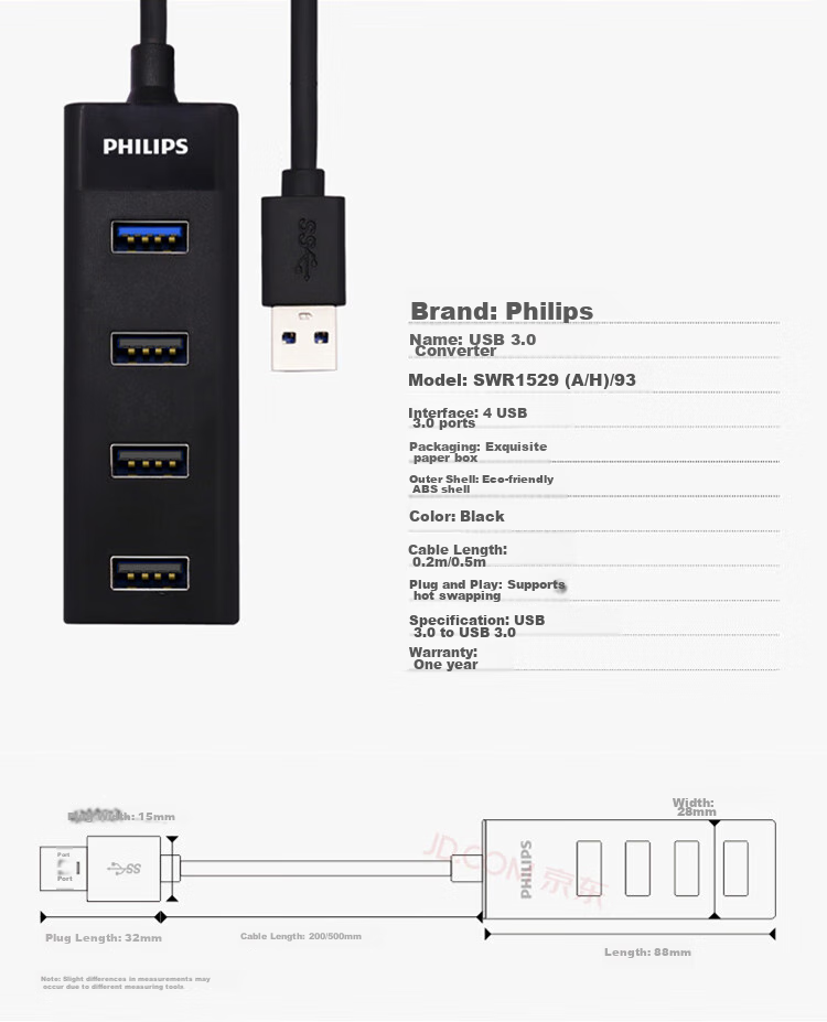 PHILIPS USB3.0 Hub Expansion Dock High-Speed 4-Port Hub Splitter Adapter for Laptops And Desktop Computers with Power Supply Port, 1.5 Meters 8