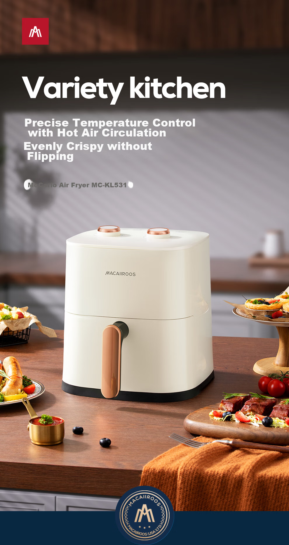 Macaiiroos Air Fryer 6L Large Capacity Home Use Steam Fryer with Visible Window Touchscreen Smart Timer Multifunction Oil-Free Low-Fat High-Power Non-Stick Fryer 1