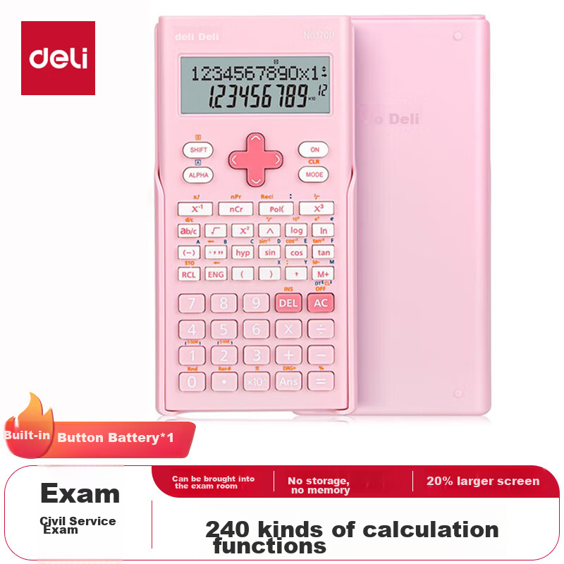 Deli Fashion Scientific Calculator with Dual-Line LCD Display And 240 Functions (For Middle And High School Students) Light Pink 1700