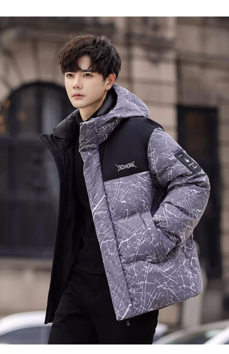 YAYA Wang Yibo Same Style down Jacket, Men's Short Hooded Coat, 2025 Winter New Year Patchwork Color-Block Duck Down Outerwear 18
