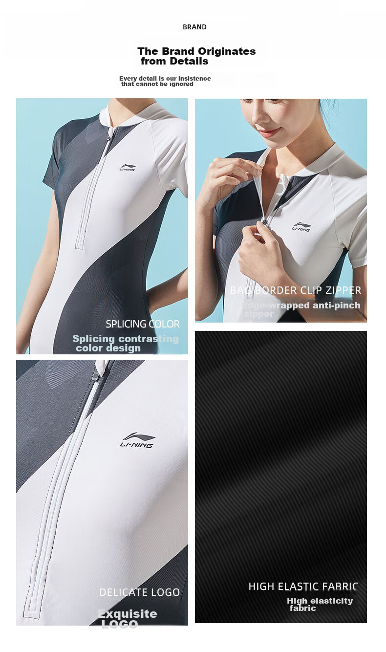 Li-Ning One-Piece Swimsuit for Women, Boyshort Style, Body-Shaping, Waist-Cinching, Contrasting Colors, High-Elasticity, Breathable, Hot Spring Resort Swimwear, 028 Black And White, Size L 9