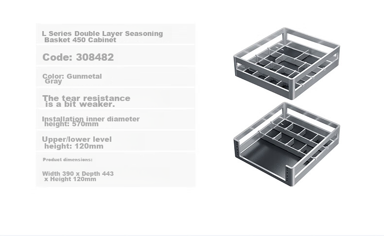HIGOLD Kitchen Double-Layer Cabinet, Spice Drawer-Style, 304 Stainless Steel Bowl Basket, Seasoning Basket, Dish Rack Storage Cabinet 19