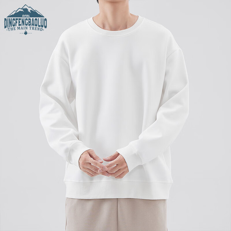 Dingfengbaoluo Trendy Brand Solid Color Crew Neck Sweatshirt, Men's Spring Loose Casual Versatile Long-Sleeve Top, WH-W White XL