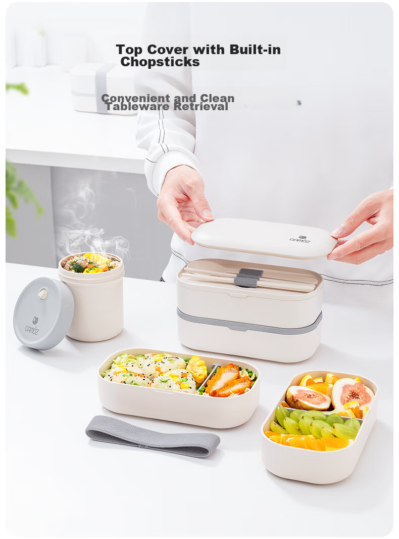 CAMUZ Bamboo Fiber Pro Double-Layer Lunch Box Bento Box, Japanese Style, Microwave Safe, 1200ML, White And Black, 3-Piece Set 13