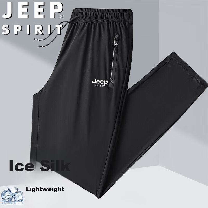 JEEP SPIRIT Casual Pants, Summer Ice Silk Breathable Versatile Outdoor Quick-Dry Lightweight Sports Trousers, Black Straight Leg, 2XL