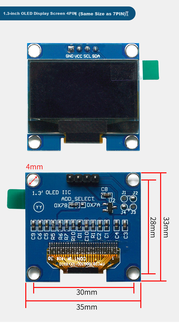 Diushitou OLED Display Module, 0.96 Inch, White, 7P Pins, 128*64 LCD Screen, SPI IIC Interface 7