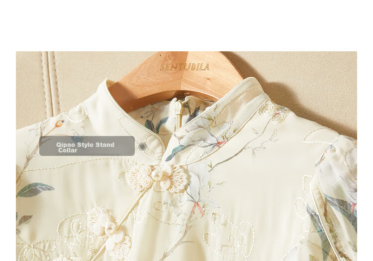 Sentubila New Chinese-Style Mandarin Collar Button-Up Qipao Improved Version, Petal Sleeve Chiffon Floral Print Dress for Summer, Apricot Base Floral Pattern, XL 25