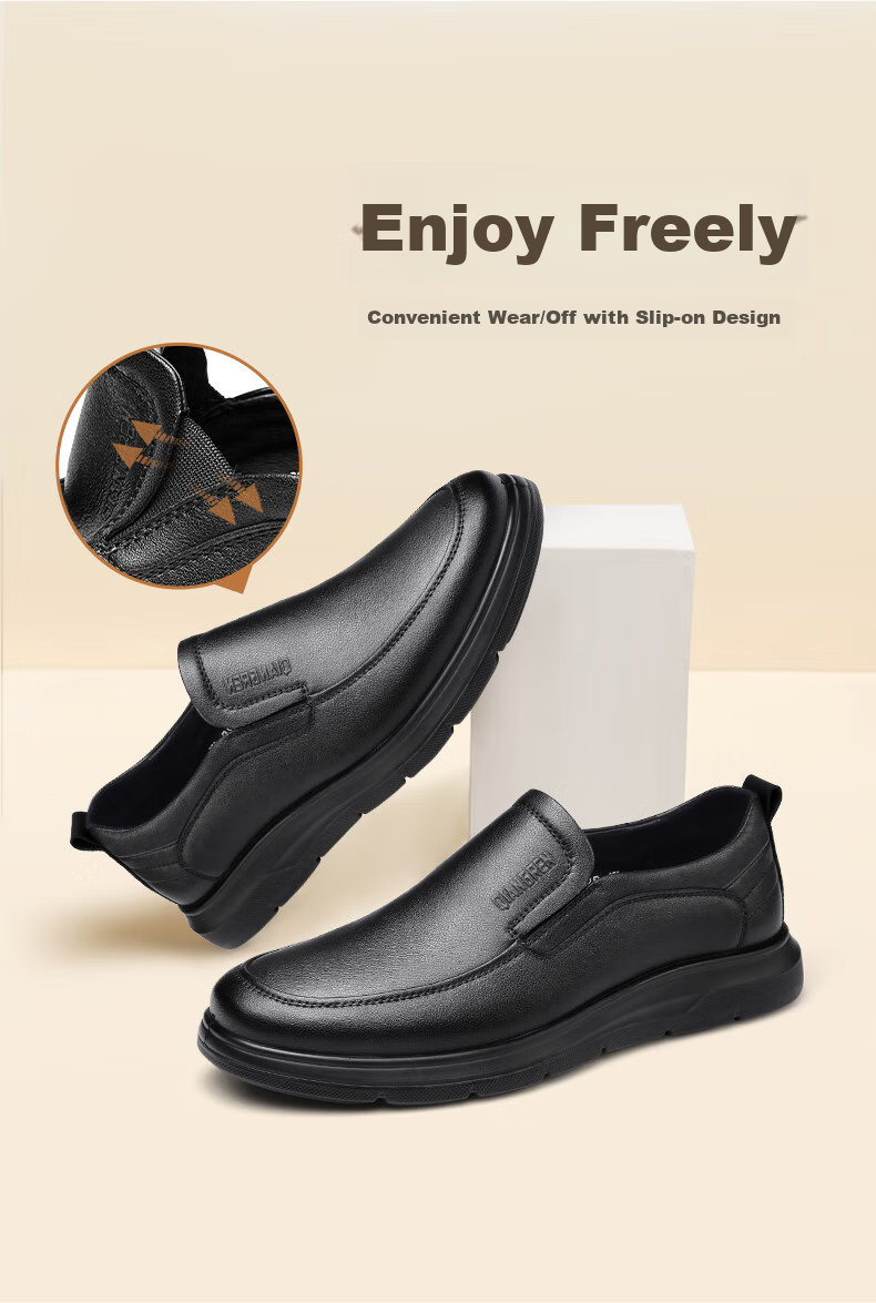 Qiangren Business Casual Shoes, Comfortable Soft Upper And Sole, Slip-On Leather Shoes, Commuter Men's Shoes, JDA3512010, Black, Size 44 4
