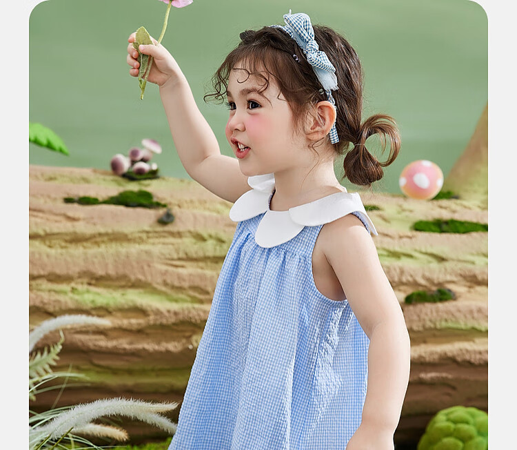 ASK JUNIOR Girls' Sleeveless Dress Summer Thin Petal Collar Plaid Casual Dress Blue Size 90 14