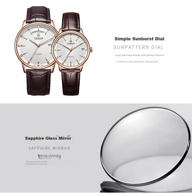 TANGIN Imported Swiss Watch, Xixin Series Leather Strap Mechanical Couple's Watch, Swiss Watch T7025GLHWFSB 14