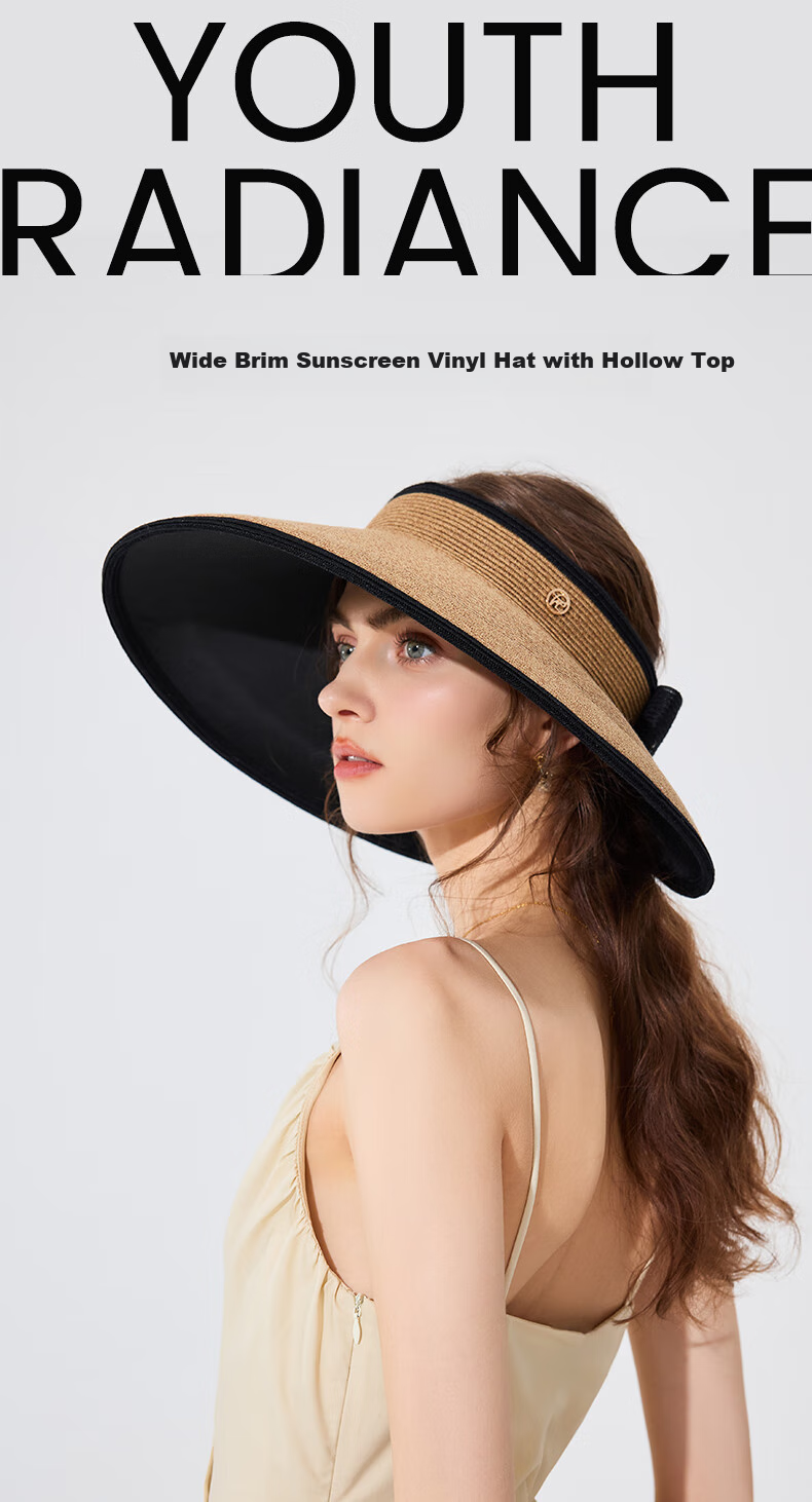 FANCET Women's Spring And Summer Japanese-Style Color-Block Hat, Black Glue Wide Brim Sun Protection Straw Hat for Travel And Vacation, Breathable Sunhat 1