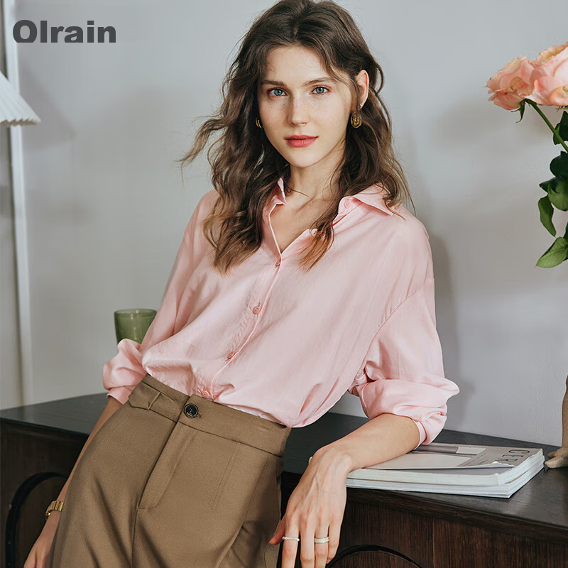 Olrain Long-Sleeve Shirt for Women, Spring And Autumn Loose-Fitting Office-Style Blouse, Pink, Size M